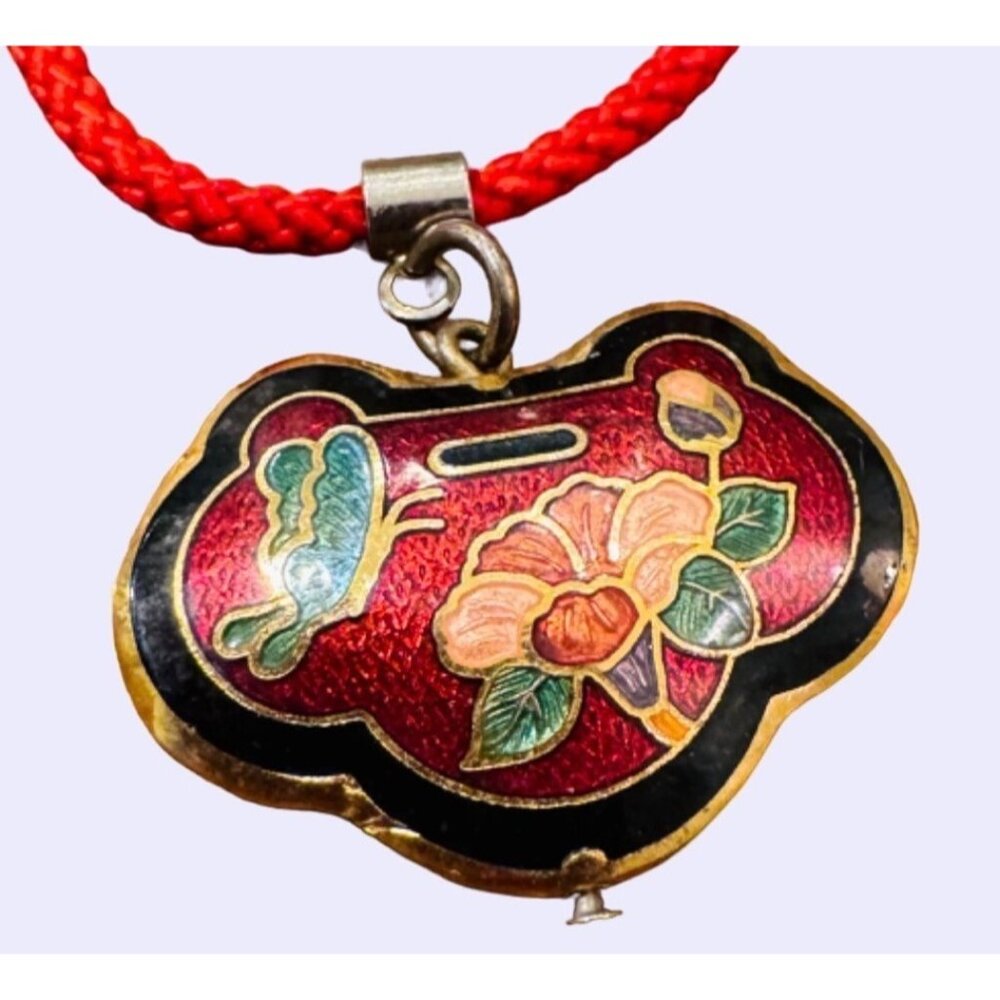 Vintage Cloisonne Necklace Vtg Gold Tone Red Enamel Flower & Butterfly Pendant